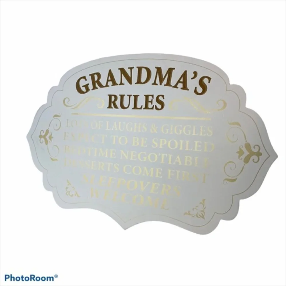 GRANDMA’S RULES Wall Sign Decor Rectangle Large White Gold 20 in X 13 in